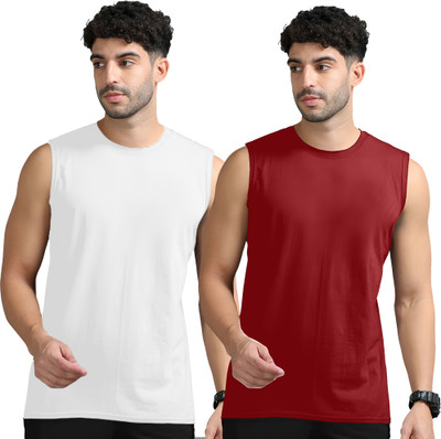 Moordale Solid Men Round Neck White, Maroon T-Shirt
