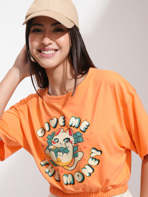 Tokyo Talkies Printed Women Round Neck Orange T-Shirt