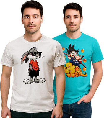 THE STORK Graphic Print, Cartoon Men Round Neck White, Light Blue T-Shirt