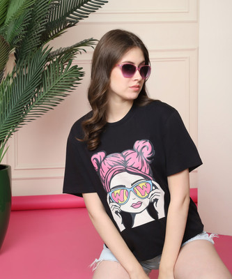 Fabflee Printed Women Round Neck Black T-Shirt