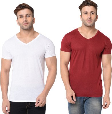 Tresna Trendy Solid Men V Neck White, Maroon T-Shirt