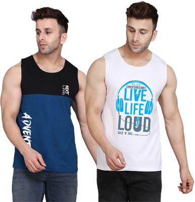 SLOWLORIS Printed, Colorblock Men Scoop Neck White, Black, Dark Blue T-Shirt