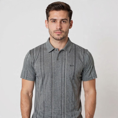VITON Striped Men Polo Neck Grey T-Shirt