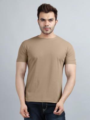 V DAS Solid Men Round Neck Brown T-Shirt