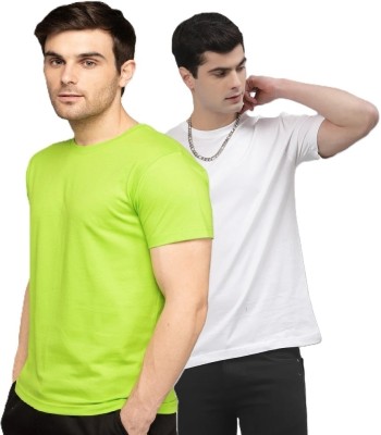 FIVEFEB Solid Men Round Neck Light Green, White T-Shirt