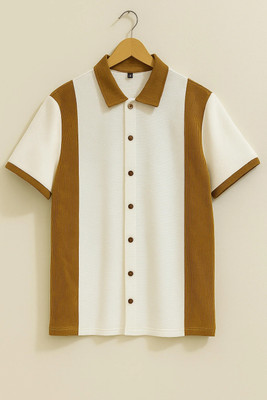 GEEZY Printed Men Zip Neck Beige, White T-Shirt
