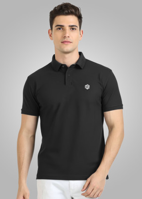 PeppyZone Solid Men Polo Neck Black T-Shirt