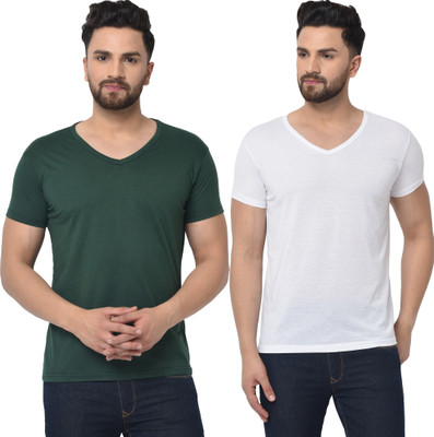 Tresna Fab Solid Men V Neck Dark Green, White T-Shirt