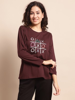 Kanvin Self Design Women Round Neck Brown T-Shirt