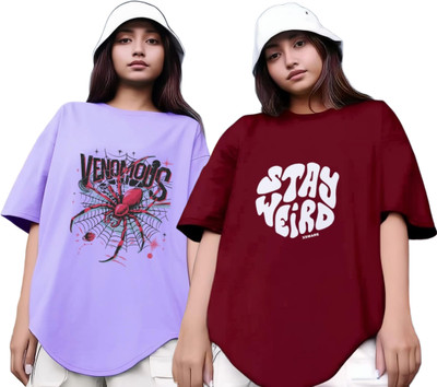 Xsware Printed Women Round Neck Purple, Maroon T-Shirt