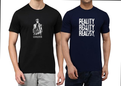 FRANSCART Printed Men Round Neck Black, Navy Blue T-Shirt