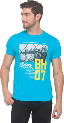 BEING HUMAN Typography Men Round Neck Blue T-Shirt