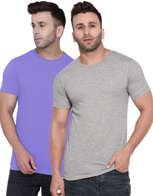 Kroptee Solid Men Round Neck Purple, Grey T-Shirt