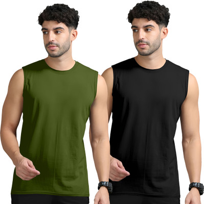 Adorbs Solid Men Round Neck Dark Green, Black T-Shirt