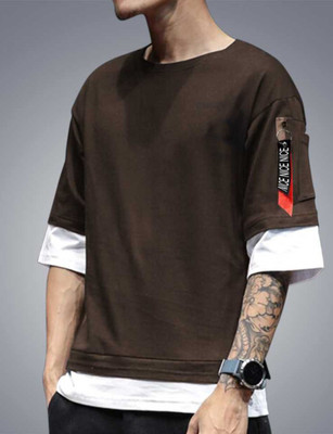 Try This Colorblock Men Round Neck White, Brown T-Shirt
