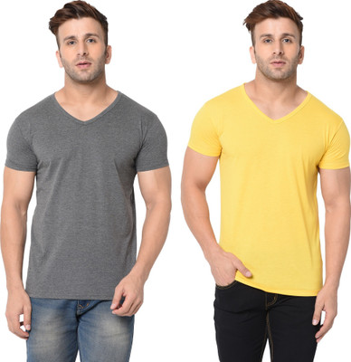 Tresna Trending Solid Men V Neck Grey, Yellow T-Shirt