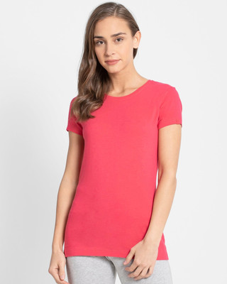JOCKEY Solid Women Round Neck Pink T-Shirt