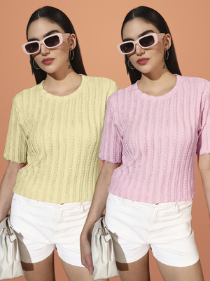 SOMVATI Self Design Women Round Neck Yellow T-Shirt