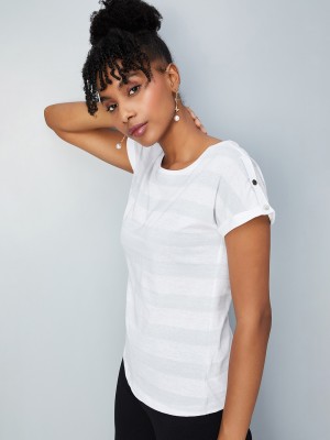 MAX Self Design Women Round Neck White T-Shirt