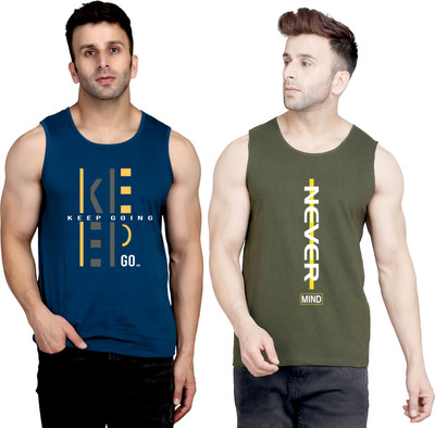 SLOWLORIS Printed Men Round Neck Dark Blue, Dark Green T-Shirt