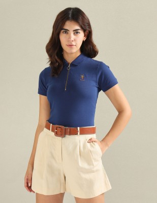 U.S. POLO ASSN. Solid Women Polo Neck Blue T-Shirt