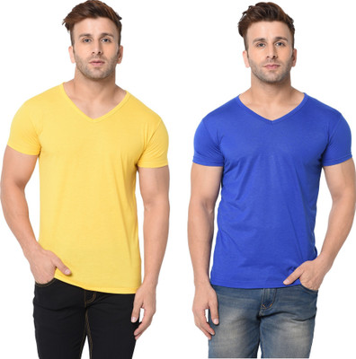 Moordale Fab Solid Men V Neck Blue, Yellow T-Shirt