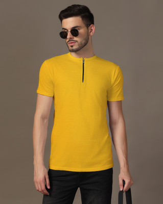 GEUM Solid Men Henley Neck Yellow T-Shirt