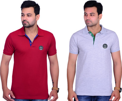 Cousin's Solid Men Polo Neck Silver, Red T-Shirt