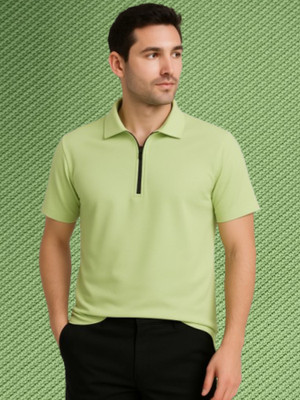 Crazybee Self Design Men Zip Neck Light Green T-Shirt
