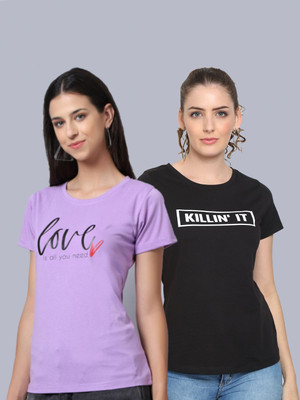 HouseOfCommon Typography Women Round Neck Multicolor T-Shirt