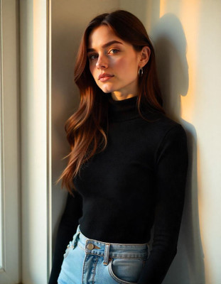 Helpom Solid Women Turtle Neck Black T-Shirt