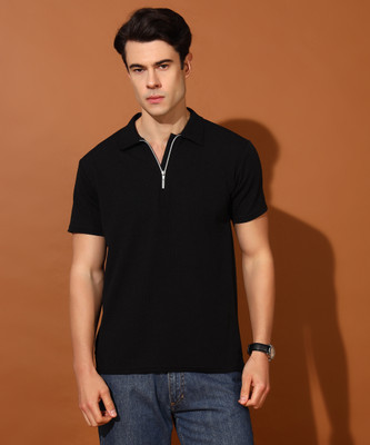 Christy World Solid Men Polo Neck Black T-Shirt