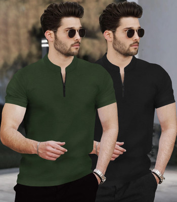 TRIPR Solid Men Mandarin Collar Dark Green, Black T-Shirt