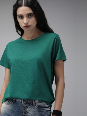 Roadster Self Design Women Round Neck Green T-Shirt
