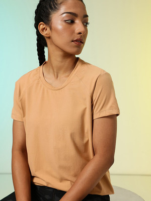 HRX by Hrithik Roshan Solid Women Round Neck Beige T-Shirt