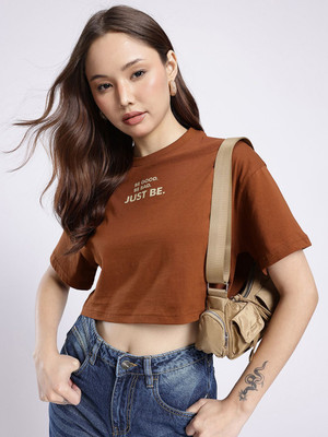 Glitchez Printed Women Round Neck Brown T-Shirt