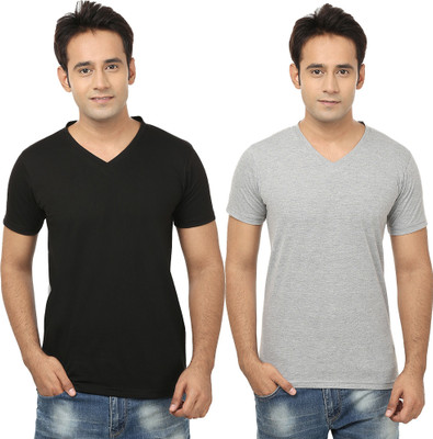 Tresna Fab Self Design, Solid Men V Neck Black, Grey T-Shirt
