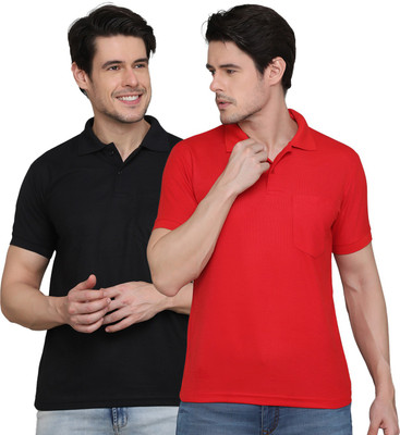 INKKR Solid Men Polo Neck Red, Black T-Shirt