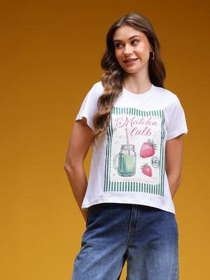 HERE&NOW Printed Women Round Neck White T-Shirt