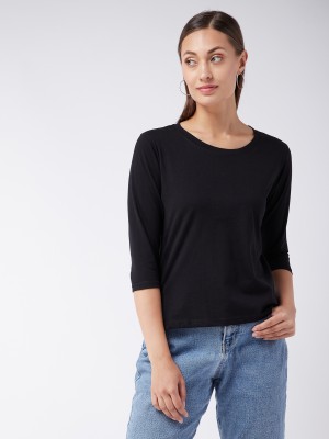 Miss Chase Solid Women Round Neck Black T-Shirt