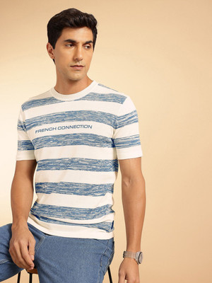 French Connection Striped Men Round Neck White T-Shirt