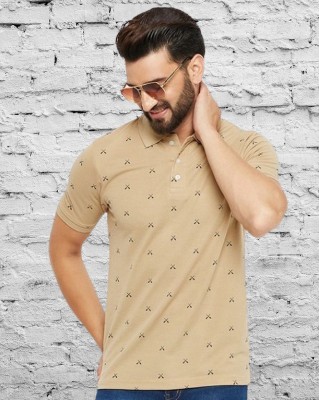 EMERALD Printed Men Polo Neck Beige T-Shirt