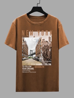 CHKOKKO Printed Men Round Neck Brown T-Shirt