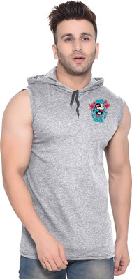 GEUM Graphic Print Men Hooded Neck Silver T-Shirt