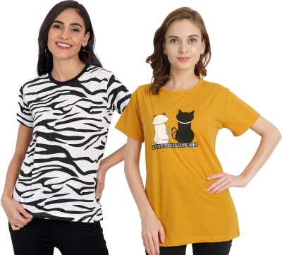 CHOZI Printed Women Round Neck White, Yellow T-Shirt