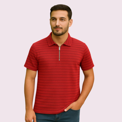 METRONAUT Striped Men Zip Neck Red T-Shirt