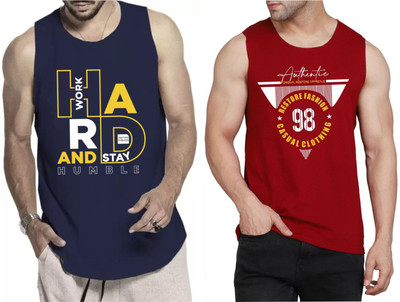 WOOSTRO Printed Men Round Neck Dark Blue, Maroon T-Shirt