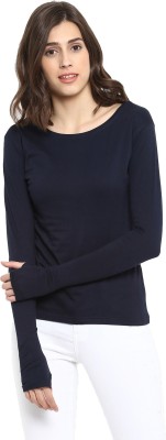 Ap'pulse Solid Women Round Neck Dark Blue T-Shirt