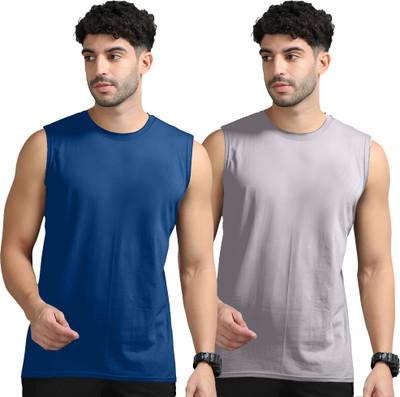 Adorbs Solid Men Round Neck Dark Blue, Grey T-Shirt
