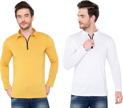 JB Jagoboy Solid Men Polo Neck Gold, White T-Shirt